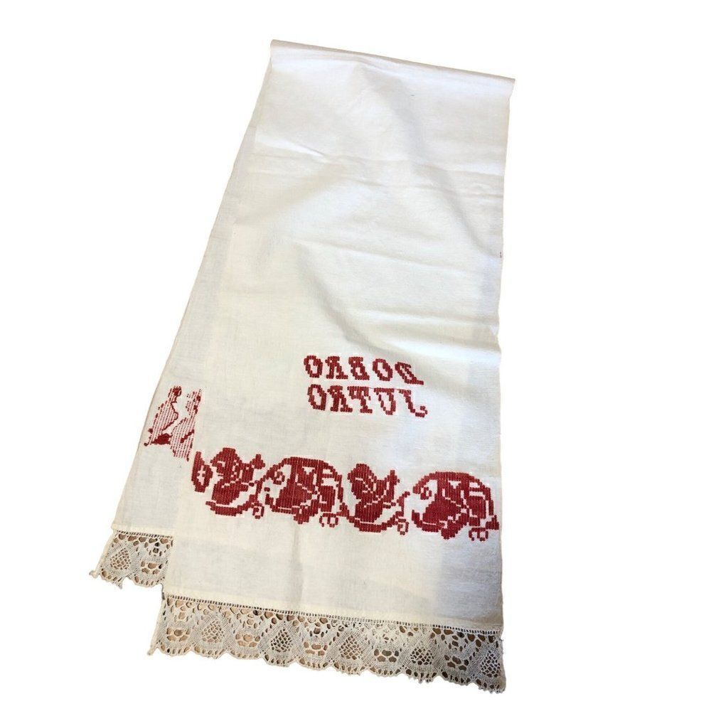Vintage Linen Hand Towel Embroidered Handmade 17" x 76"